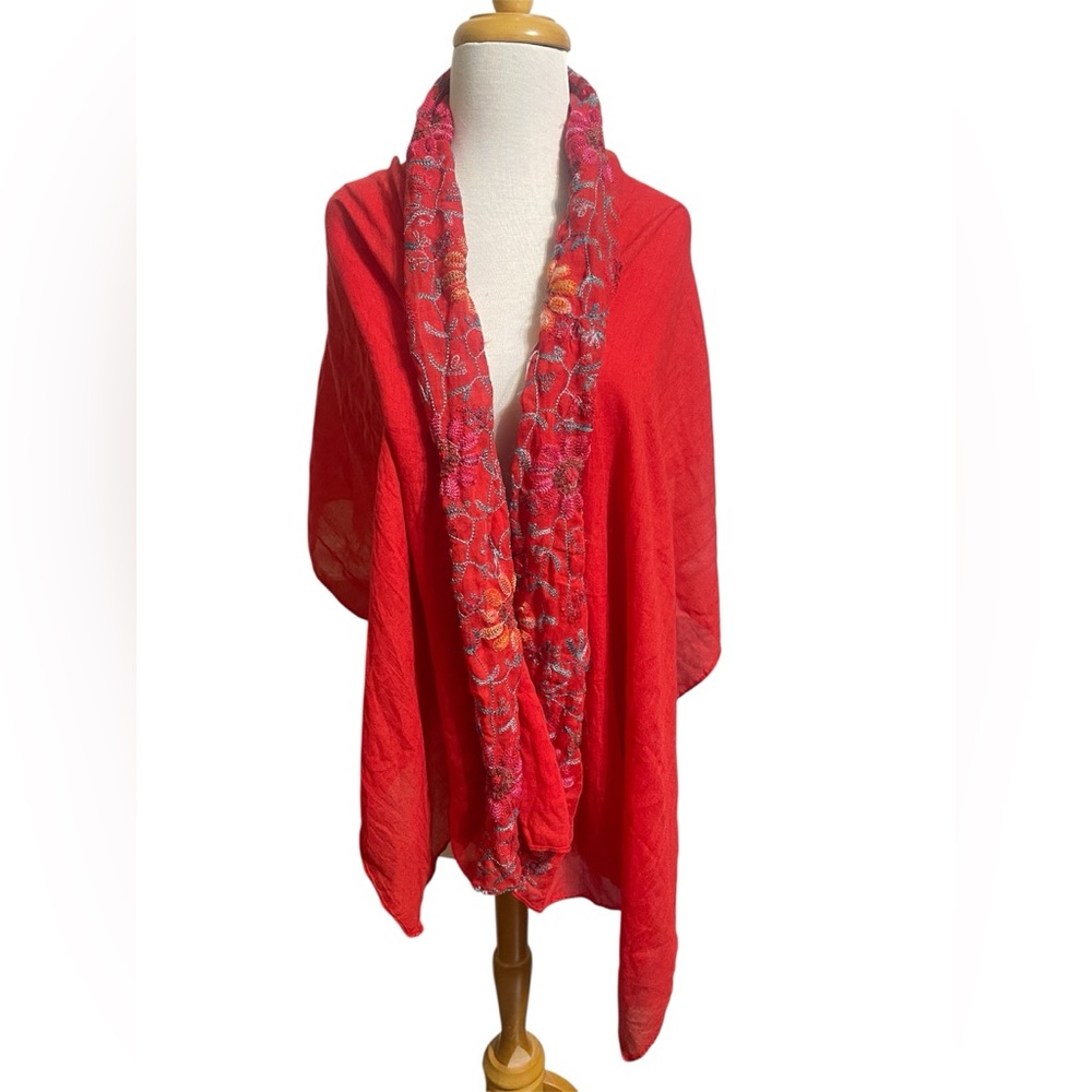 Red Floral Embroidered Shawl Scarf